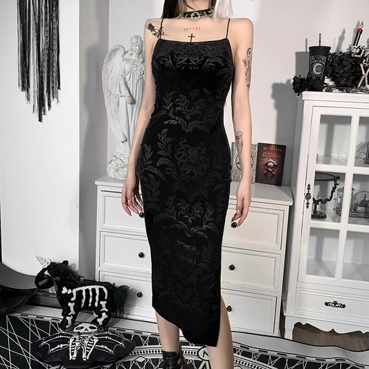 Black Velvet Spaghetti Strap Sexy Elegant Vintage Side Split Mid-calf Dress