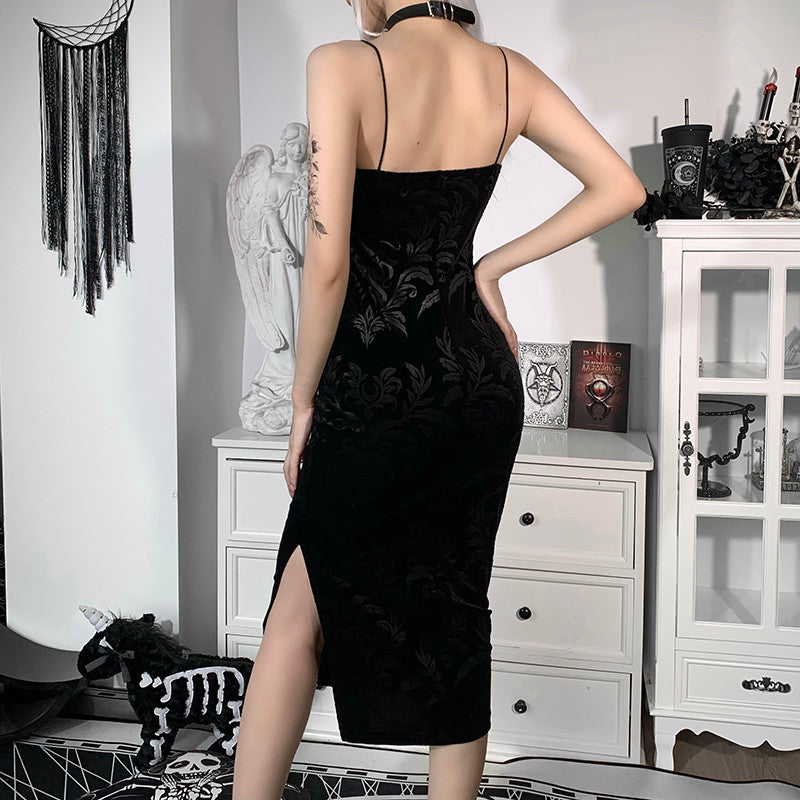 Black Velvet Spaghetti Strap Sexy Elegant Vintage Side Split Mid-calf Dress