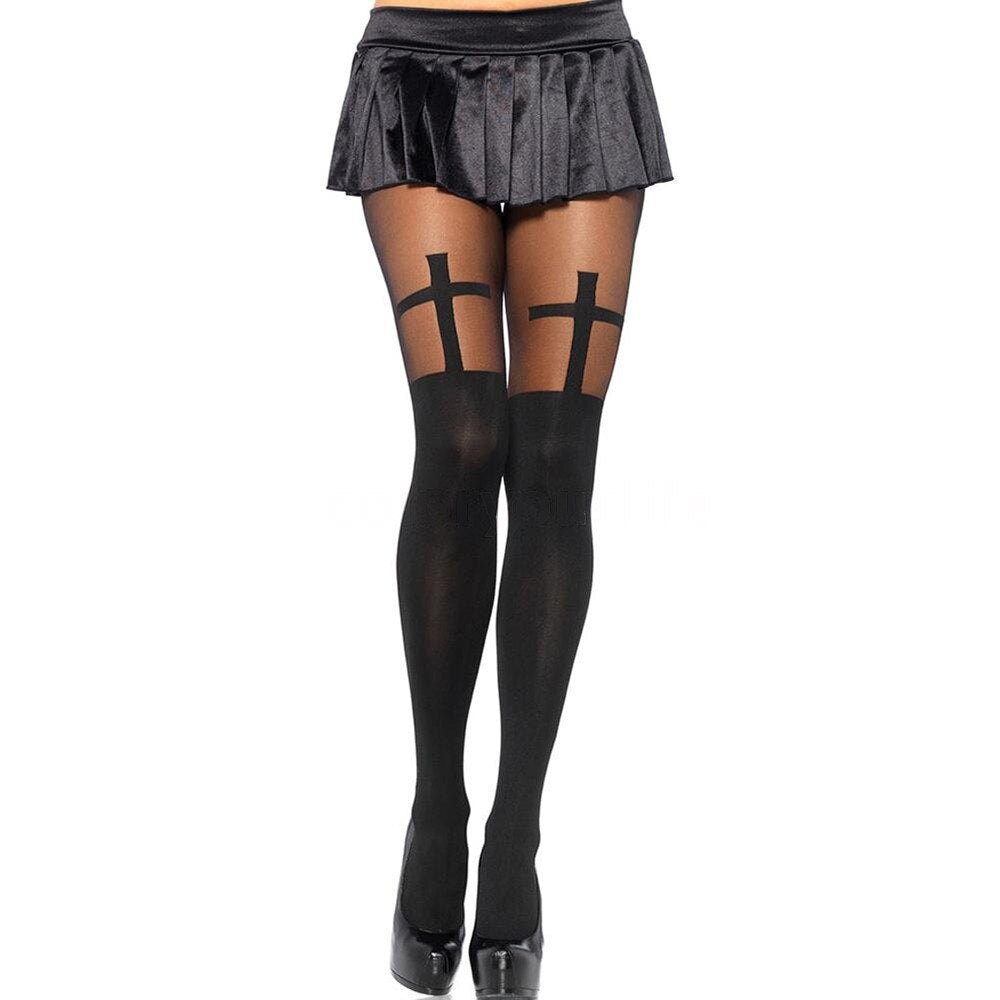 Black Opaque Cross Pattern Goth Nylon Pantyhose Tights