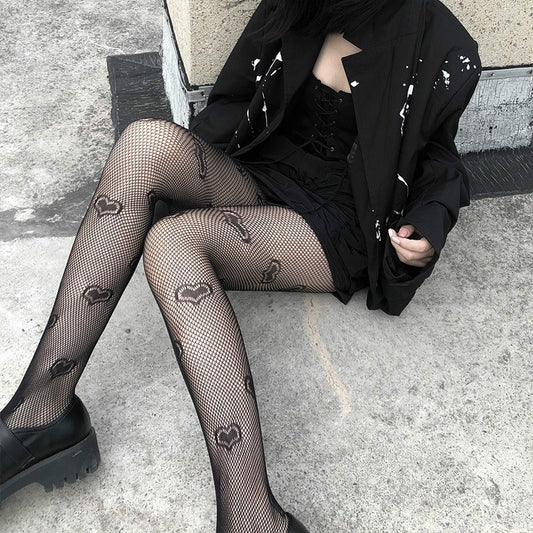 Black Hearts Pattern Fishnet Mesh Nylon Pantyhose Tights