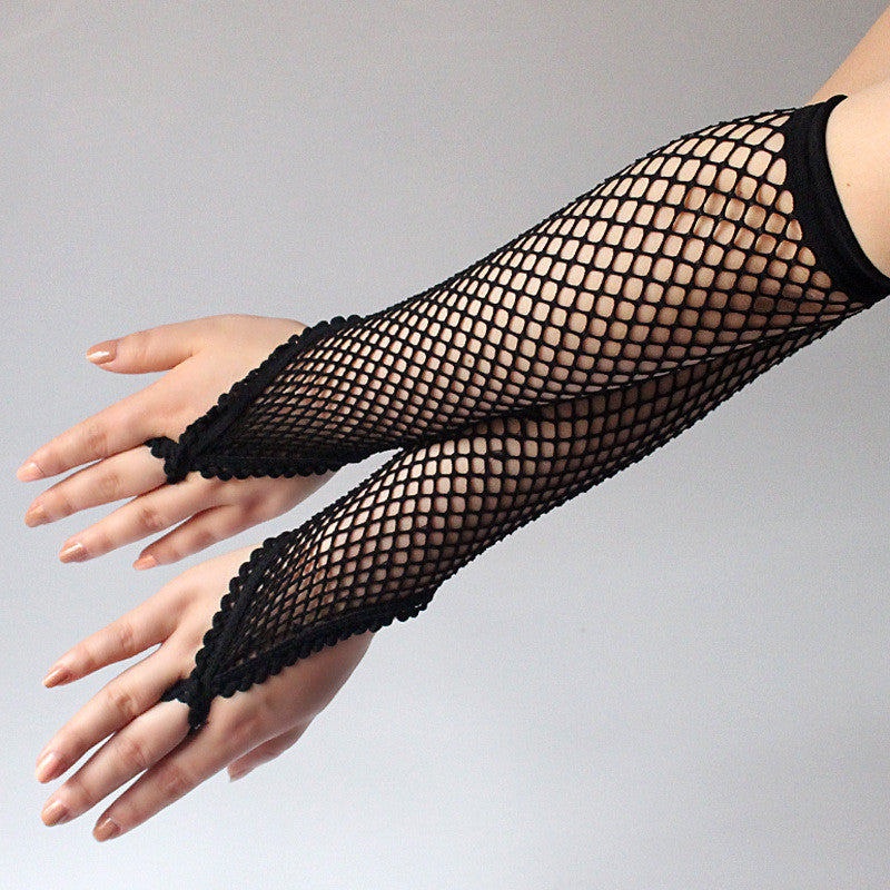 Black Fingerless Middle Loop Fishnet Mesh Long Gloves