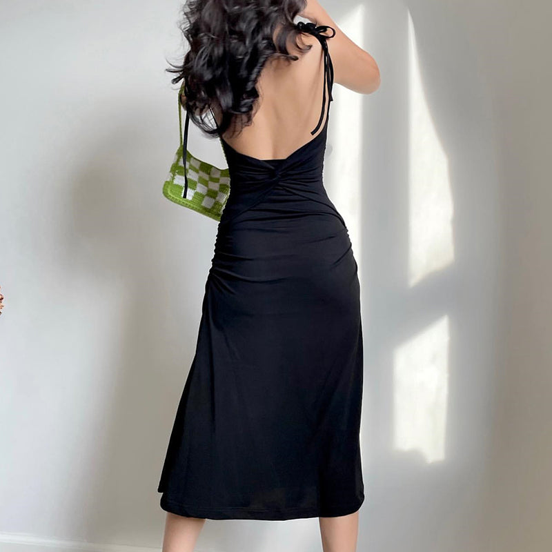 Black Spaghetti Strap Tie Up Backless Twist Mid-calf Dress