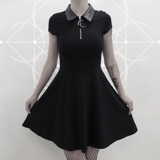 Black Front Zipper With Moon Pleated Party Goth Mini Dress