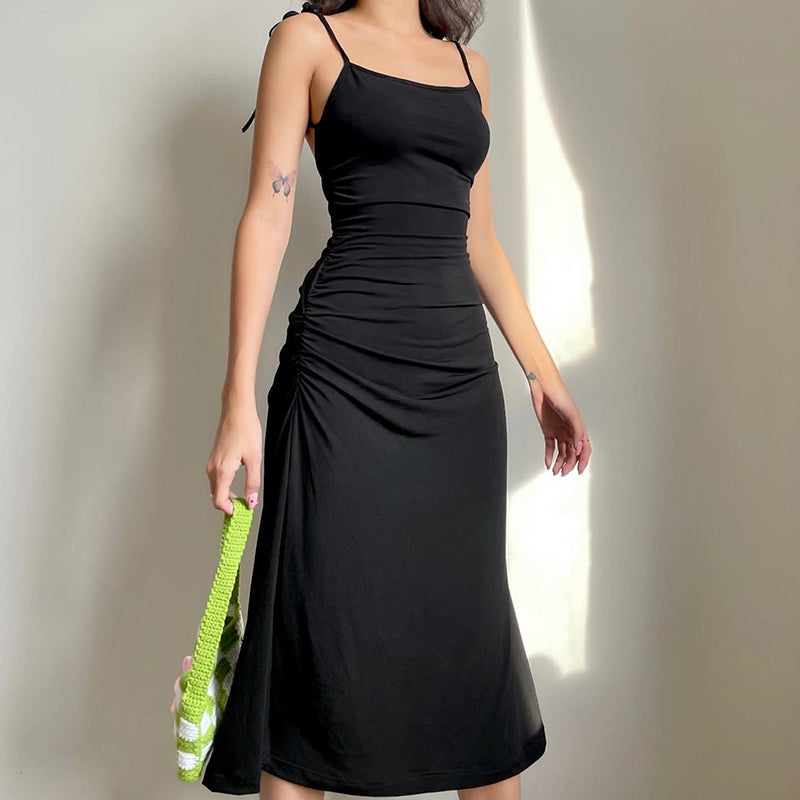 Black Spaghetti Strap Tie Up Backless Twist Mid-calf Dress