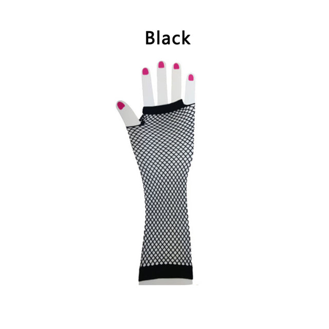 Black Fingerless Cut Out With Thumbhole Fishnet Mesh 3/4 Length Gloves