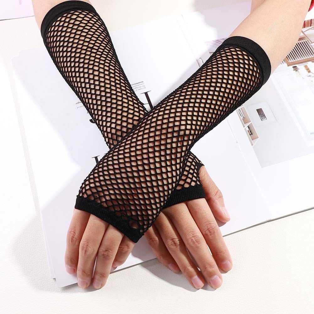 Black Fingerless Cut Out With Thumbhole Fishnet Mesh 3/4 Length Gloves